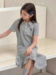 DAZY 少女半拉链休闲舒适连衣裙，短袖 - 灰色 - 查看 1