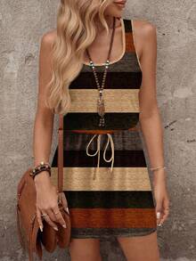SHEIN LUNE Robe courte imprimée rayée décontractée pour femmes, convenant au printemps/été. Robes rayées pour carnaval pour femmes. Robe décontractée. Robe midi décontractée. Robe ton terre. Robe d'été moulante décontractée - Multicolore - Voir 5