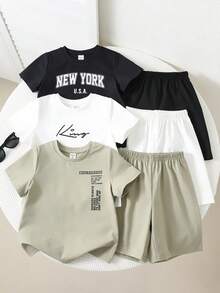 SHEIN Conjunto de 6 piezas para niños y jóvenes: camiseta de manga corta con estampado tropical hawaiano y pantalones cortos de colores a juego, ideal para primavera y verano, vida diaria, deportes, campus, reuniones, festivales, fotografía, vacaciones, playa, vuelta al cole. - Multicolor - Ver 1