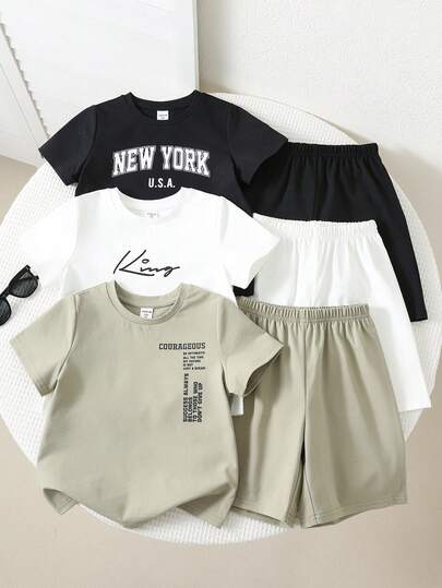 SHEIN 6pcs/Set Young Boy Kids Leisure Daily Versatile Fashion Splicing Color Matching Vacation Tropical Plant Hawaii Short Sleeved T-Shirt Knitted Top And Colored Shorts Multi Piece Set, Suitable For Spring And Summer Season, Daily Life, Sports, Campus, Gatherings, Festivals, Performances, Photography, Vacation, Beach, Suitable For Back To School Season,Toddler Boy Clothes,Toddler Boy Loose Fit Short Outfits Young Boy Casual 2 Piece Set Boy Clothes Short Set Boy Two Piece Set Boy Short Sleeves Shorts