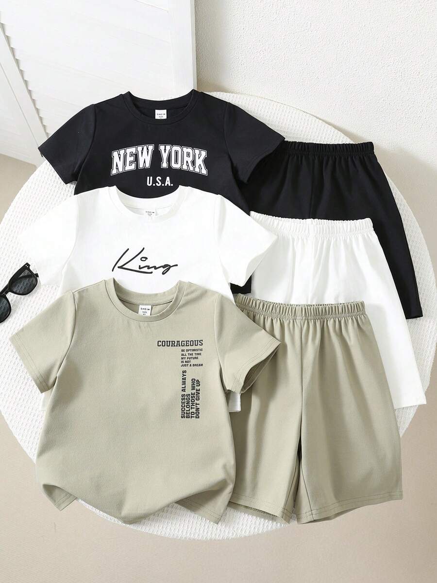 SHEIN Conjunto de 6 piezas para niños y jóvenes: camiseta de manga corta con estampado tropical hawaiano y pantalones cortos de colores a juego, ideal para primavera y verano, vida diaria, deportes, campus, reuniones, festivales, fotografía, vacaciones, playa, vuelta al cole. - Multicolor - Ver 1