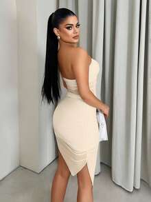 Sirith Đầm ngắn quây ngực gợi cảm với đường viền bất đối xứng dành cho nữ - Màu be - Xem 2