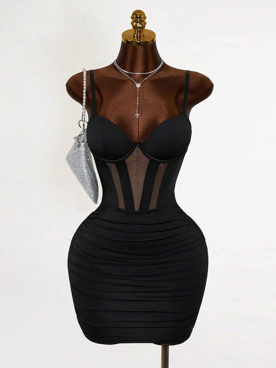 Mistrie Spring/Summer Black Sexy Dress,Party Low-Cut Dresses For Women,Sexy Curve Dress,Sexy Club Dress,Elegant See Through Mesh Splice Ruched Bodycon Mini Dress With Underwire,Summer Graduation Prom Dress,Lady Slip Dress Strap Dress,Corset Dress,Wedding Dress For Guest,Dating Dress,Formal Dress Cocktail Dress Beach Dress Night Out Dress,Music Festival Dress - Black - View 1