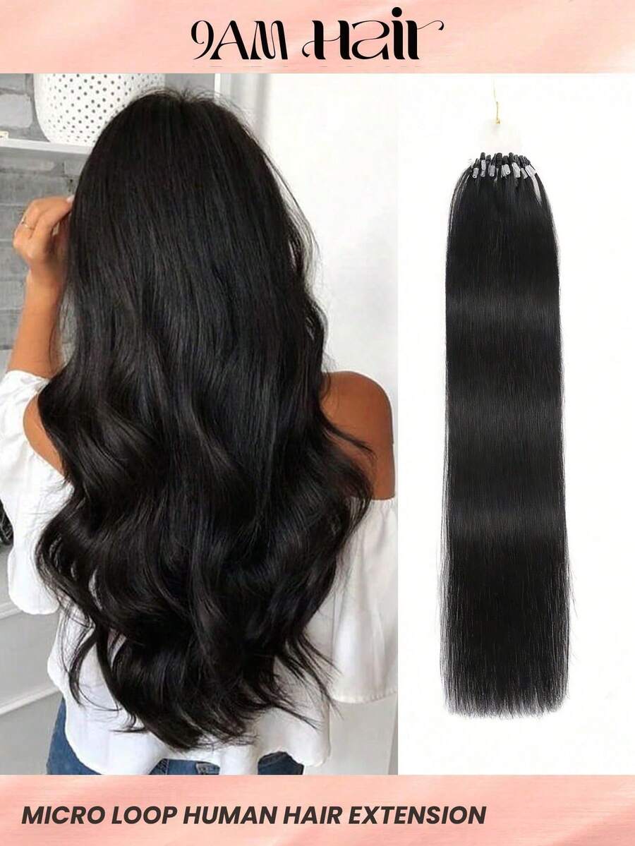 50 piezas Extensiones de cabello humano recto con micro anillos y línea de pesca, 50g de extensiones de cabello Remy de color natural para mujeres - SNatural - Ver 1