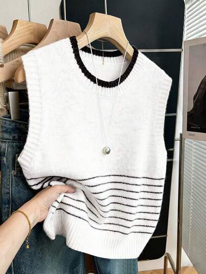 SHEIN Franclia Nuevo suéter sin mangas de mujer de estilo minimalista y holgado con rayas y contraste de colores, para otoño/invierno