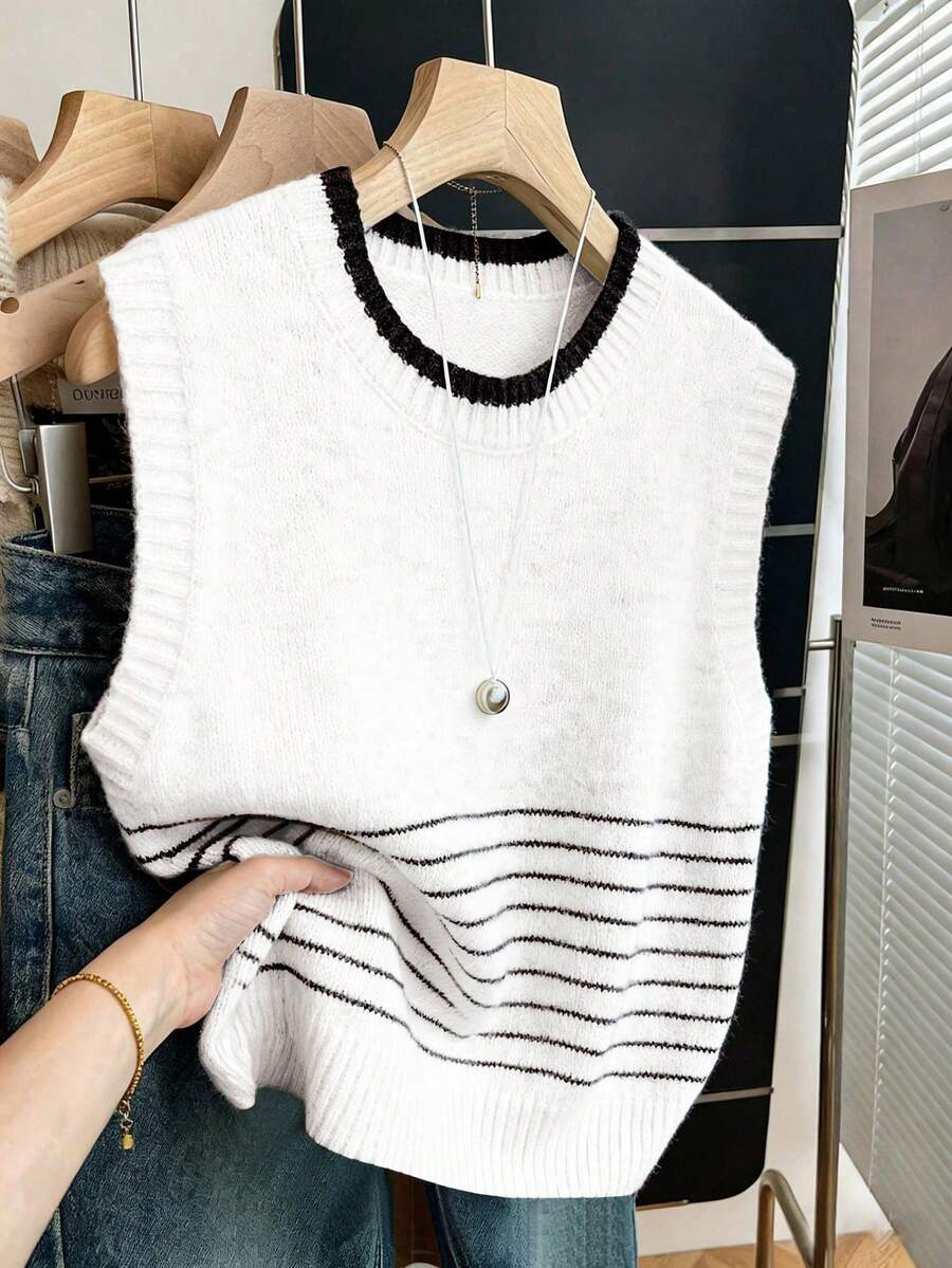 SHEIN Franclia 新款休闲宽松简约条纹撞色女式毛衣背心套头衫,秋冬款 - 白色 - 查看 1