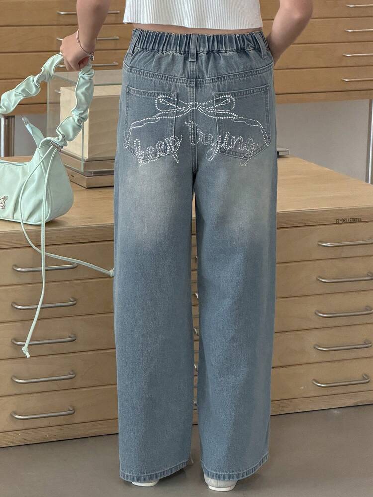 Girls Sequin Decor Wide Leg Jeans