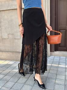 Solivie Women's Elegant Commuter Lace Patchwork Skirt - Black - View 6