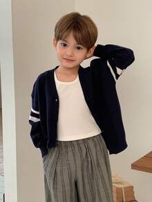 DAZY Young Boy Patchwork Striped Long Sleeve Single-Breasted Casual Knit Cardigan Spring - Navy Blue - View 4