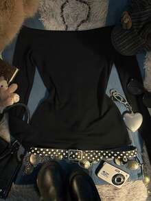 Glimmora Women's Minimalist Printed Long Sleeve Top - Black - View 2