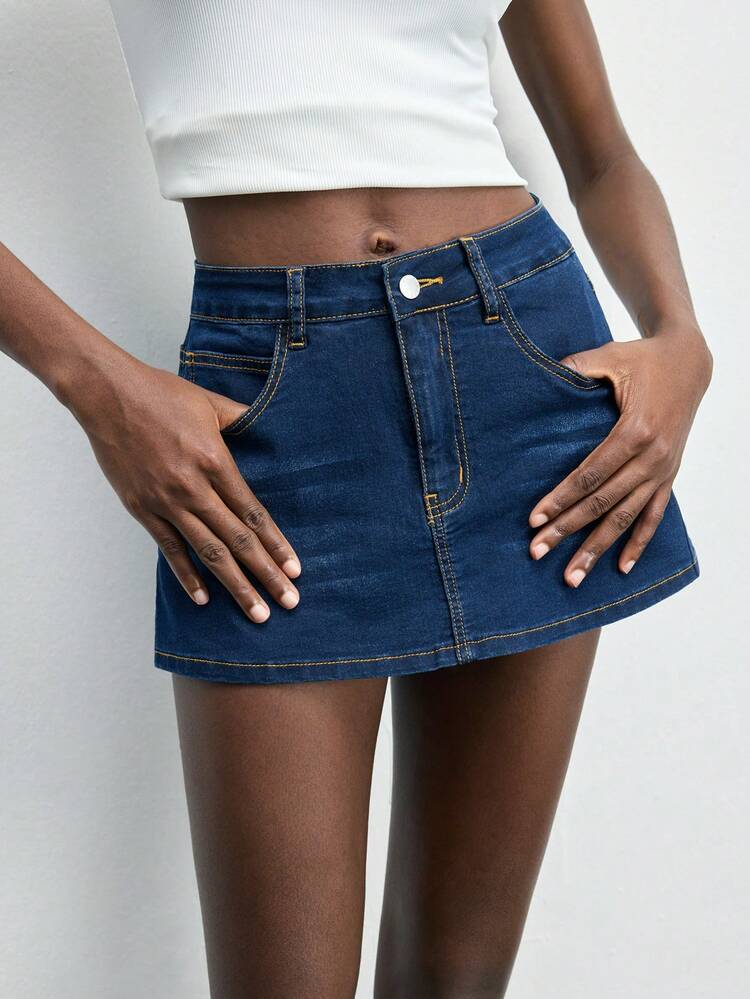 SHEIN Maija Women's Blue Denim Skirt, Low-Waisted Mini Skirt, Hot Summer Shorts Comfortable High-Stretch Denim