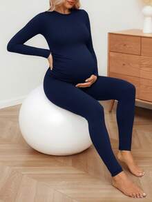 SHEIN Maternity Solid Color Top And Leggings Slim Fit Activewear - Navy Blue - View 5