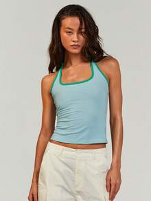 Athîral Women's Casual Sexy Vacation Style Contrast Binding Backless Tie-Front Camisole - Blue - View 5