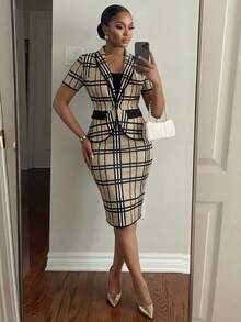 SHEIN Lady CURVE 大码女士时尚优雅印花单扣西装套装 - 彩色 - 查看 4