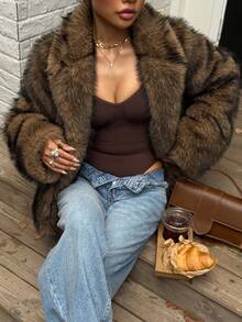 DAZY Women's Fashionable Faux Fur Collar Jacket, Autumn/Winter - Brown - View 5