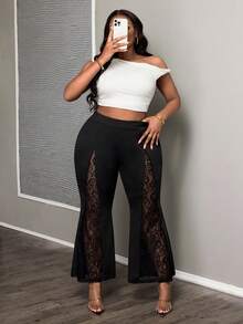 SHEIN PETITE CURVE 大码时尚休闲撞色蕾丝纯色喇叭裤，适合日常生活、通勤、派对、毕业典礼、办公室、约会等场合，黑色喇叭裤，蕾丝裤，春季，情人节，嘉年华服装，派对，婚礼及活动，优雅，黑色裤子 - 黑色 - 查看 7