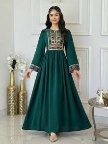 SHEIN 少女橄榄绿拼布印花图案金色丝带休闲连衣裙 - 墨綠色 - 查看 2