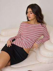 Aidyla Red & White Striped Ruffle Crew Neck Stylish Sexy Women Top - Red and White - View 6