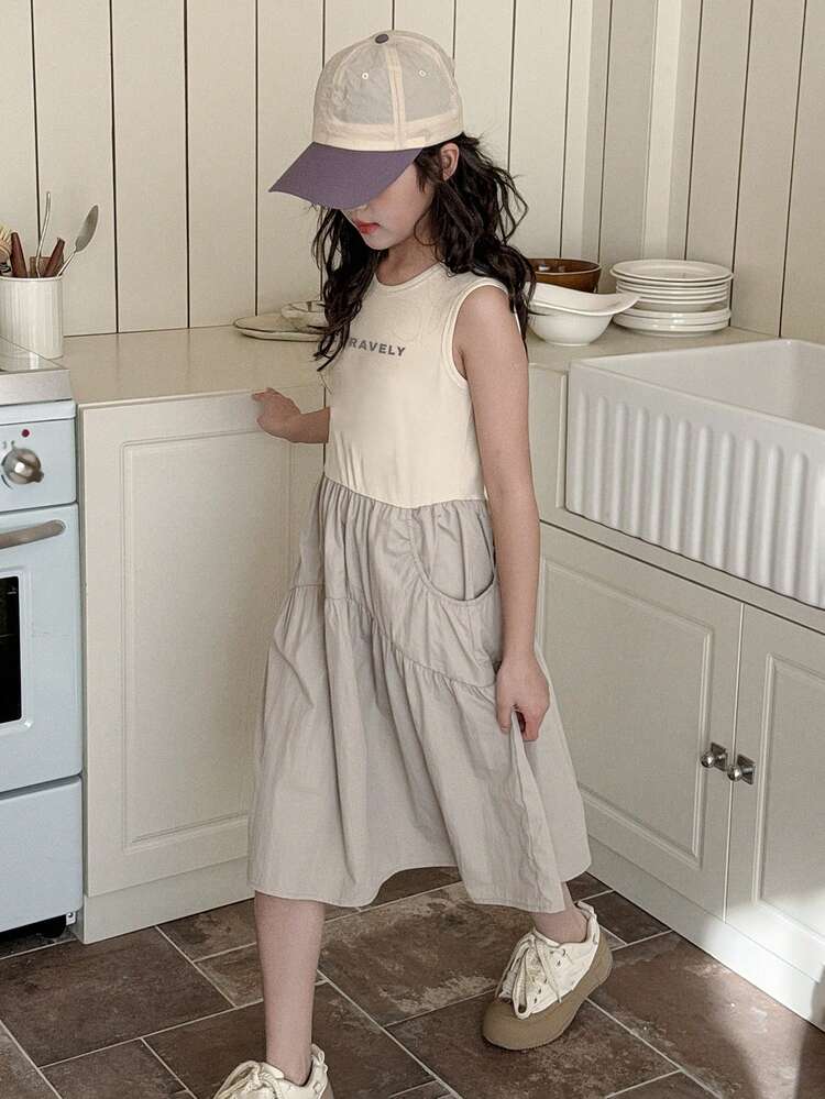 Tween Girl Round Neck Color Block Letter Print Pocket Pleated Casual Everyday Dress Summer