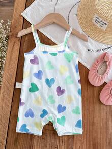 SHEIN 奶油蓝色，彩色手绘爱心印花，女婴休闲连体衣，适合春夏穿着 - 彩色 - 查看 2