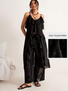 Freevana Bộ đồ hè cỡ lớn, kiểu dáng thường ngày, bèo nhún, vạt bất đối xứng, gồm áo hai dây và quần. - Màu be - Xem 2