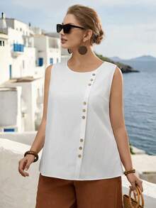 Linhara Plus Size Women Summer Casual Vacation Daily Commute Simple Versatile Solid Color Button Decor Loose Tank Top - White - View 4