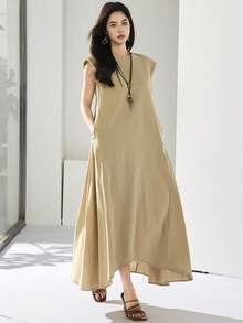 Heiryn 女士纯色圆领不对称下摆休闲百搭连衣裙 - 卡其色 - 查看 5