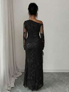 Rafferiza Đầm dài tay màu trơn dành cho nữ, phối lưới jacquard, cổ áo bất đối xứng và xẻ tà. - màu đen - Xem 2