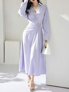 Heiryn 女士纯色翻领长袖腰部褶皱金属装饰休闲办公中长连衣裙 - 淡紫色 - 查看 3