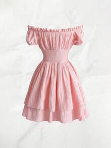 Olithes Off Shoulder Frilled Shirred Waist Puff Sleeve Layered Hem Milkmaid Dress Vacation Beach Outfits Women Summer Dresses For Women Tiered Hem Dress Off Shoulder Summer Dress Feminine Dress Smocked Women Dress - Pink - View 2