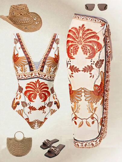 Swim Oasis Elegant totem-kostym med v-ringning och matchande kjol för kvinnor