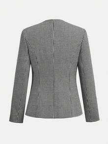 BizChic 2025 Autumn/Winter New Black & White Plaid Pattern Front Button Decorated V-Neck Waist Pocket Covered Women's Coat, Retro Chic Elegant Urban Commute Everyday Versatile Romantic Casual 90s Christmas New Year, Suitable For Thanksgiving, Party, Beach, Graduation, Holiday, Wedding Guest, Hostess, Date, Party, Concert, Brunch, Airport - Black and White - View 2