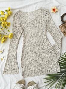 SHEIN Teengirl Apricot Hollow-Out V-Neck Beach Vacation Coverup, Versatile Vacation Essential - Apricot - View 2