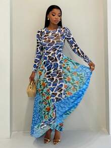 BamGleam Floral Contrast Mesh Puff Sleeve Elegant Romantic Vacation Dress - Blue - View 9