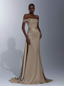 Elitara 优雅浪漫时尚的杏色缎面褶皱装饰美人鱼长拖尾礼服，适合婚礼宾客、节日、生日派对、婚礼仪式、伴娘、正式晚礼服 - 杏色 - 查看 8