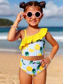 Young Girls Lemon Print Knit Asymmetrical Shoulder Ruffle 2 Pieces Bikini Set, Elegant & Conservative, Suitable For Vacation, Swimming, Beach, Summer  Lemon Swimsuit Kids Lemon Bathing Suit Girls Two Pieces With Ruffles Girls Swimsuit Two Piece Fruit Print Swimsuit Kids Lemon Two Piece Swimsuit Girls Girls Two Piece Swimsuit With Ruffles 2 Piece Set Summer Girls Kids Lemon 2 Piece Swimsuit Girls Ruffled Swimsuit Girls Lemon Swimsuit Girls 2 Piece Swimsuit Ruffled Collar Swimsuit Girls Girls 2 Pi - Multicolor - View 8