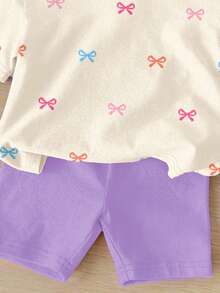 Setelan Kaos Lengan Pendek Leher Bulat Minimalis Kasual dan Celana Pendek Ketat untuk Bayi Perempuan dengan Motif Pita Mini Warna-warni yang Lucu, Cocok untuk Musim Semi/Panas - MultiWarna - View 4