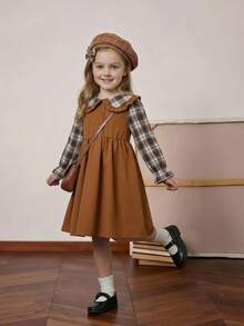 PrepCrw Young Girls' Plaid Patchwork Lapel Front Button Long Sleeve Dress - Brown - View 1