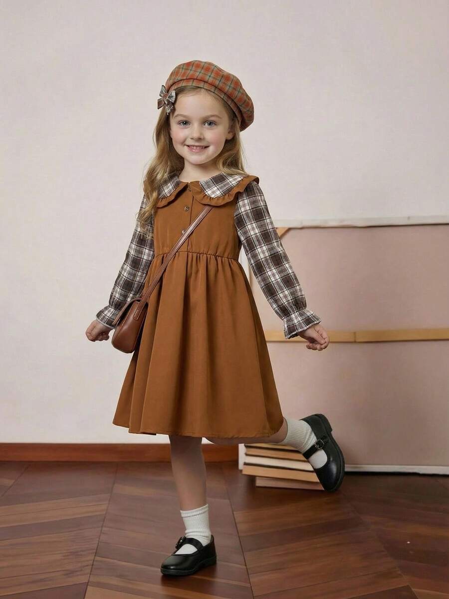 PrepCrw Young Girls' Plaid Patchwork Lapel Front Button Long Sleeve Dress - Brown - View 1