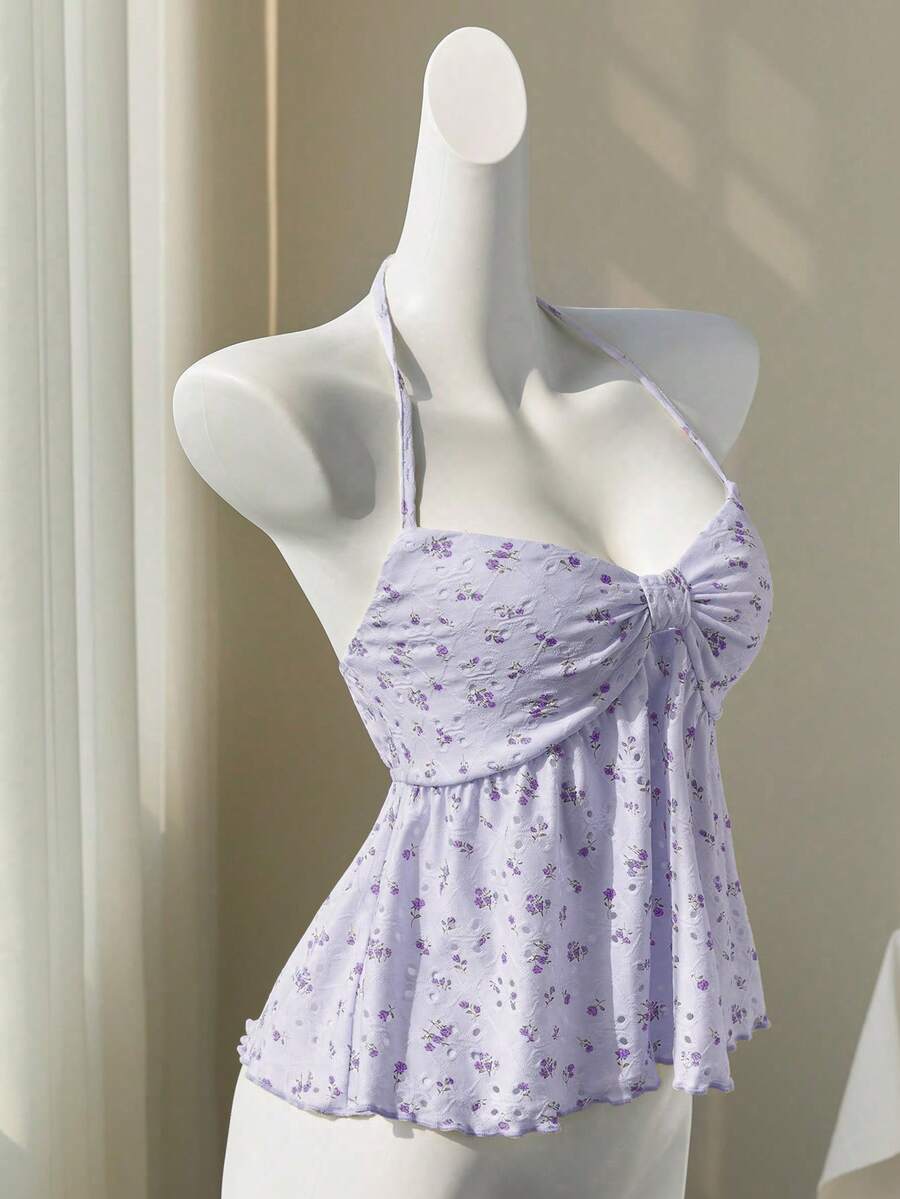 Elamini Yellow Ditsy Floral Hollow V-Neck Sexy Backless Camisole Top, Sweet & Charming, Spring/Summer - Purple - View 1