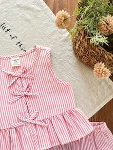 Babygirl Cute Summer Casual Red Plaid Bow Sleeveless Top And Elastic Waist Shorts Set - Multicolor - View 5