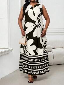 SHEIN Lady Plus Size Floral Print Notch Neck Sleeveless Casual Dress Maxi Dress Elegant Dress Long Dress Summer Dress Black And White Dress Women Maxi Dresses Summer Long Summer Dress Maxi Dress Casual Maxi Dresses For Vacation Beach Long Dress - Multicolor - View 5