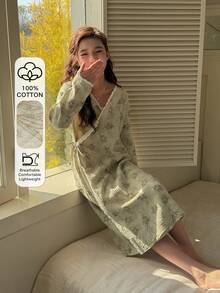 DAZY Tween Girls Botanical Print Wrap Nightgown Loungewear - Green - View 4