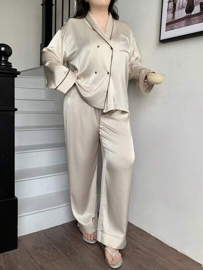 Dazy Plus 2pcs Satin Pajama Set, Loose Long Sleeve Top And Long Pants, Spring/Autumn Sleepwear