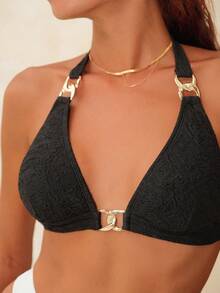 Swim Chiccia Women's Summer Vacation Black Elegant Metal Decor Triangle Cup Halter Bikini Top, Beach Wear - Black - View 1