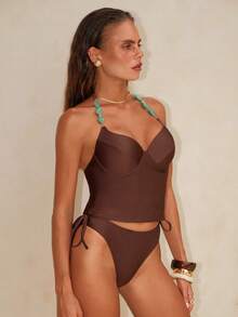 Swim Chiccia Sexy Women's Short Brown Tankini Top And Bikini Bottom With Halter Neckline - Brown - View 7