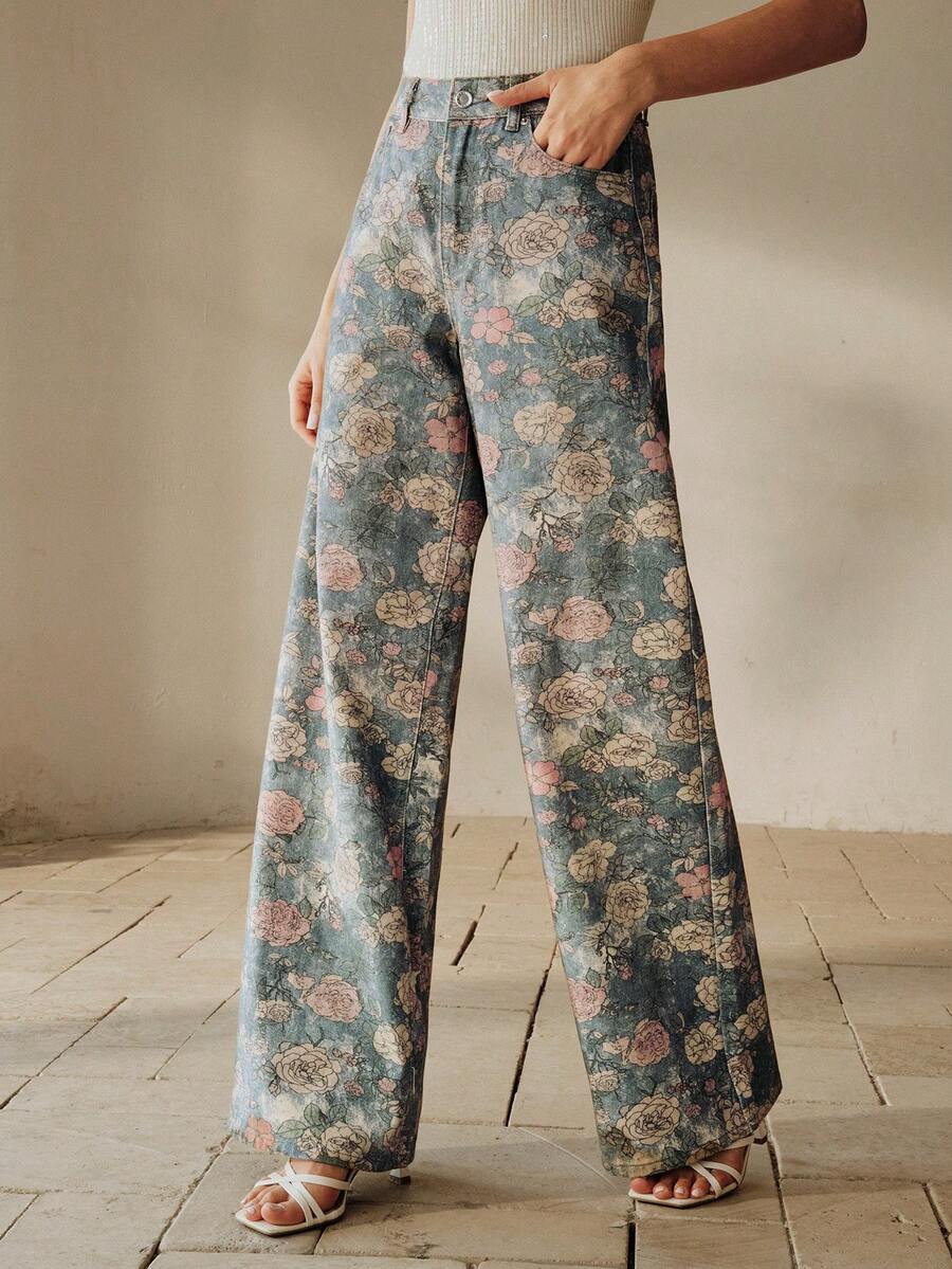 Anewsta 女士休闲玫瑰印花做旧直筒牛仔裤 - 藍色 - 查看 1