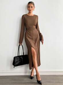Siren Gaze Vestido midi de manga larga con cuello redondo y abertura alta de unicolor para mujer - Marrón - Ver 6