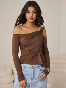 Aidyla Coffee Color Oblique Shoulder Twist Knot Ruched Sexy Fashion Women T-Shirt - Brown - View 4