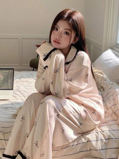 Dazy Plus 蝴蝶结印花宽松上衣和直筒睡裤套装，大码女式睡衣，春秋季